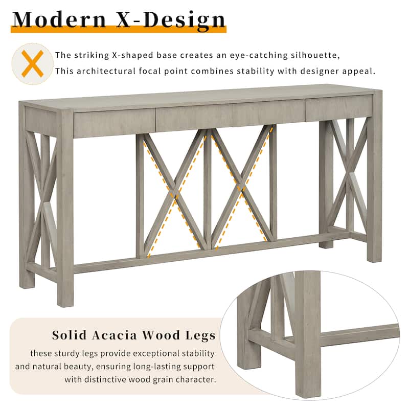 60'' Acacia Veneer Console Table with 4 Drawers and Open Shelf, Farmhouse Entryway Table with Cross Legs