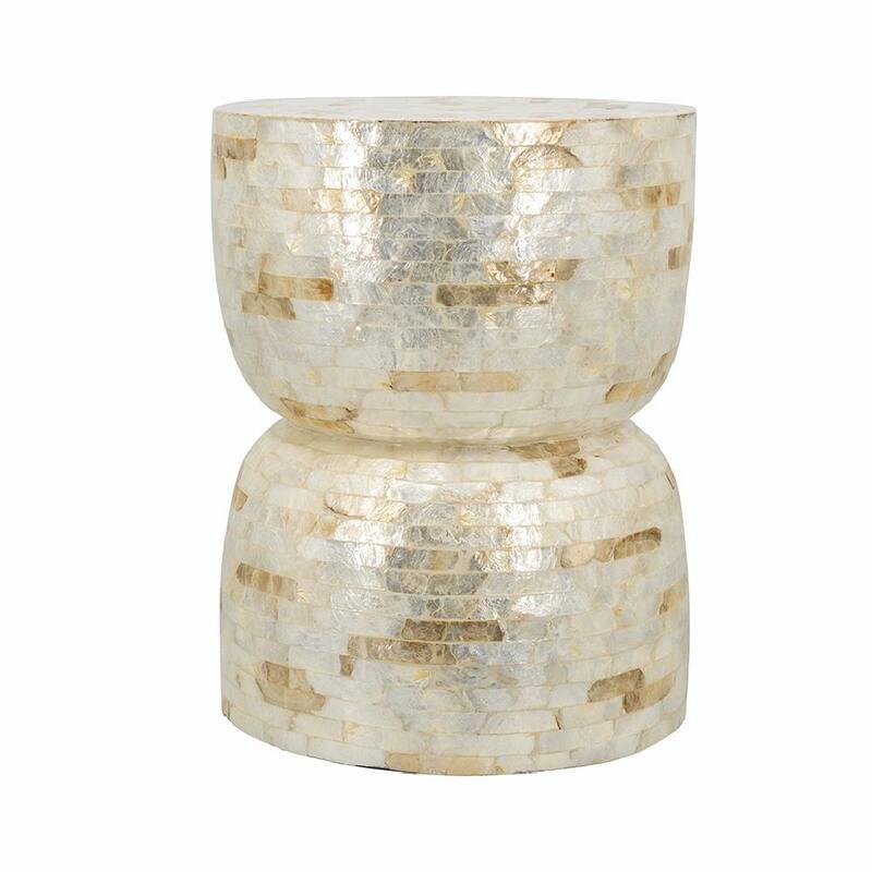 ​Decorative Hourglass Stool - Gold/White Capiz Finish, End Table, Side Table - 14x14x18"