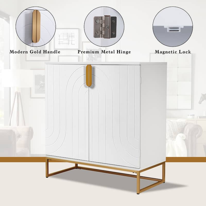 Modern White Wood Accent Cabinet,2 Door with Gold Legs for Living Room