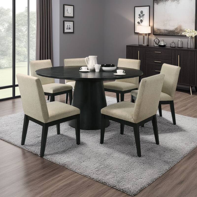 Bili 7pc 59 Inch Round Dining Table Set w 6 Beige Chairs, Black Wood