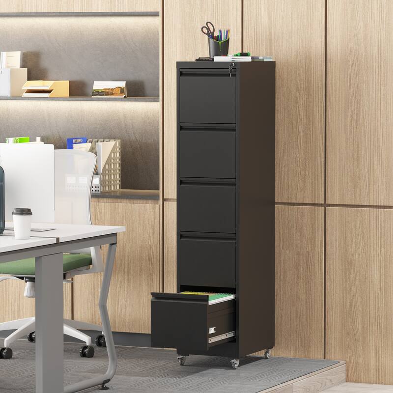 5 Drawer Metal Vertical File Cabinet with Lock on Wheels,Heavy Duty Metal Storage Cabinet, 17.71"D*15.16"W*64.17"H