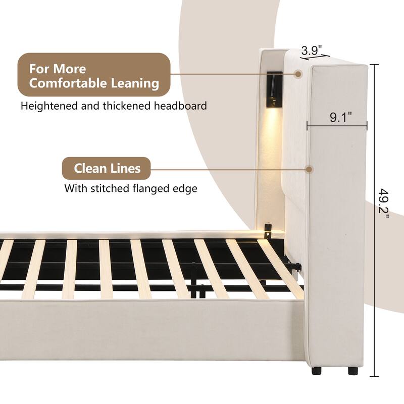 Christopher Knight Home- Cassie Upholstered Bed Frame with Reading Lamp & USB Port