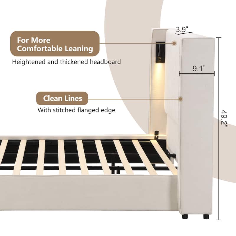 Roomfitters King Size Upholstered Platform Bed Frame with Wingback Headboard, Reading Light and USB Ports, Beige
