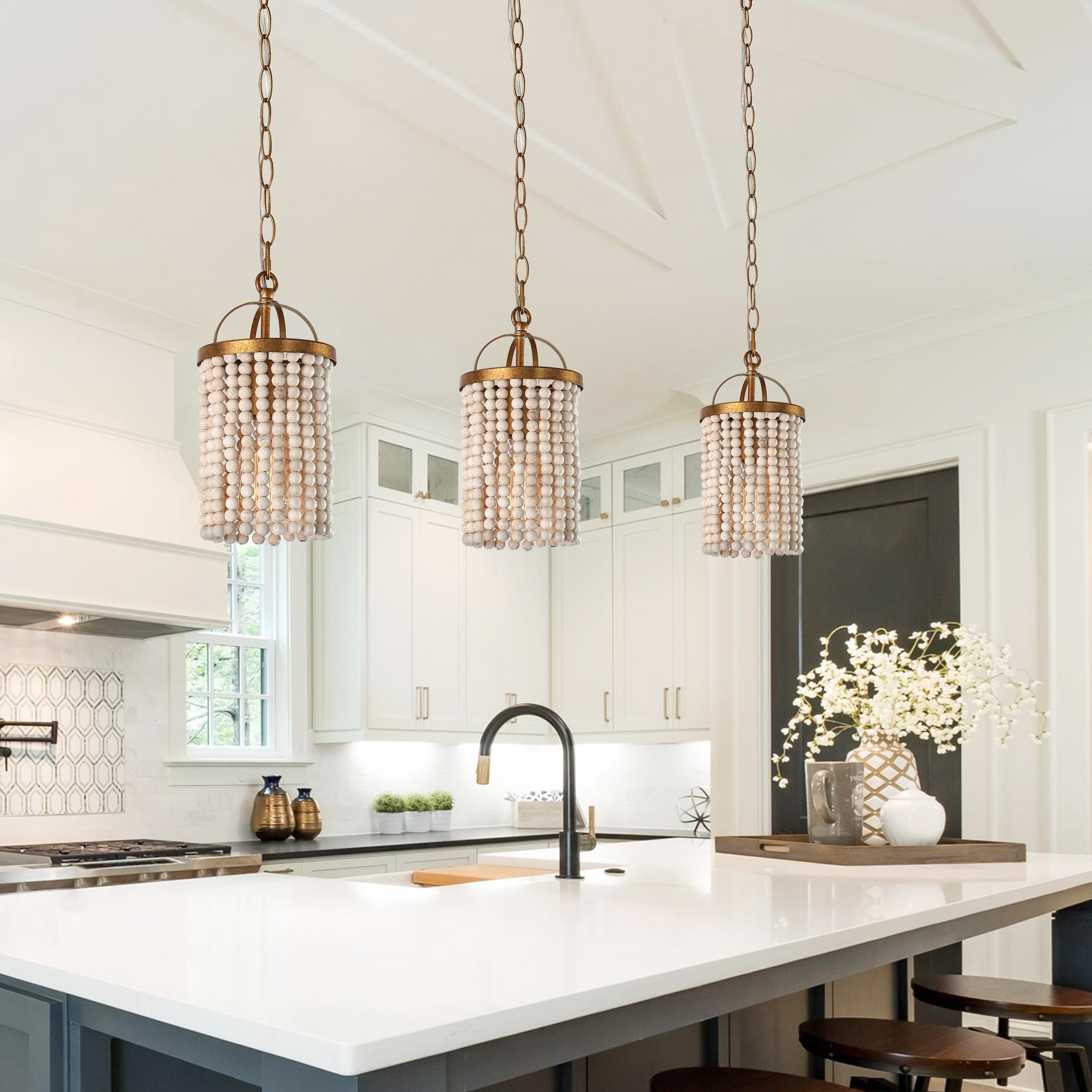 Alisar Mid-century Modern Mini Boho Kitchen Island Pendant with Distressed White Wood Beads