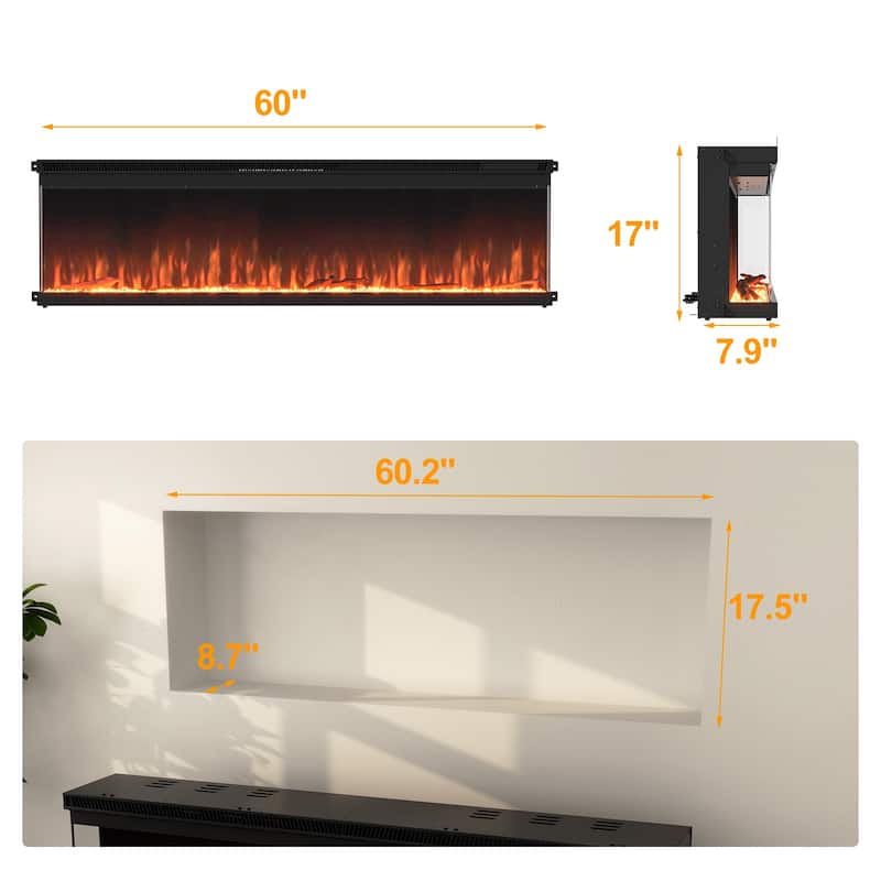 3-Sided Electric Fireplace with 12-Color Flame, Dual Heat Settings 750W/1500W, Smart App & Remote Control – 50/60/70 Inch