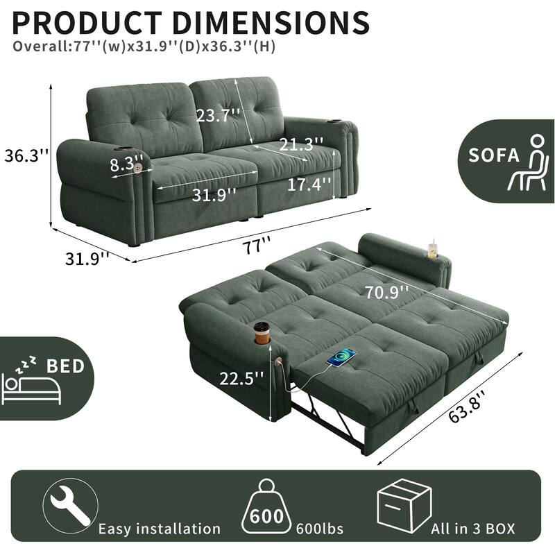 GDFStudio - Chenille Convertible 2-Seater 80.4" Sofa Bed