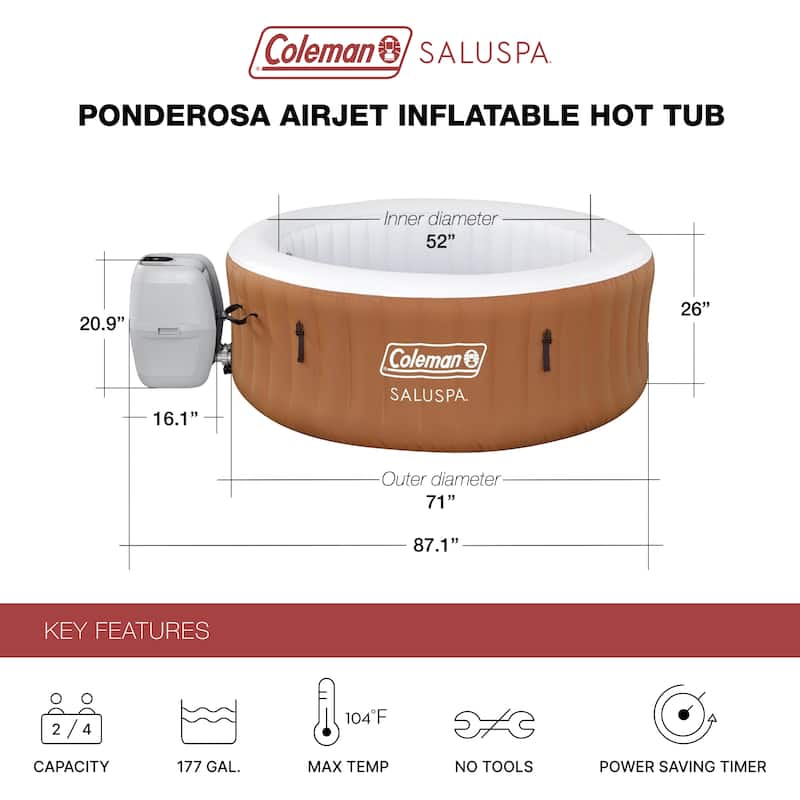 Coleman SaluSpa Ponderosa AirJet Inflatable Round Hot Tub with 120 Jets, Orange - 71in. X 26in.