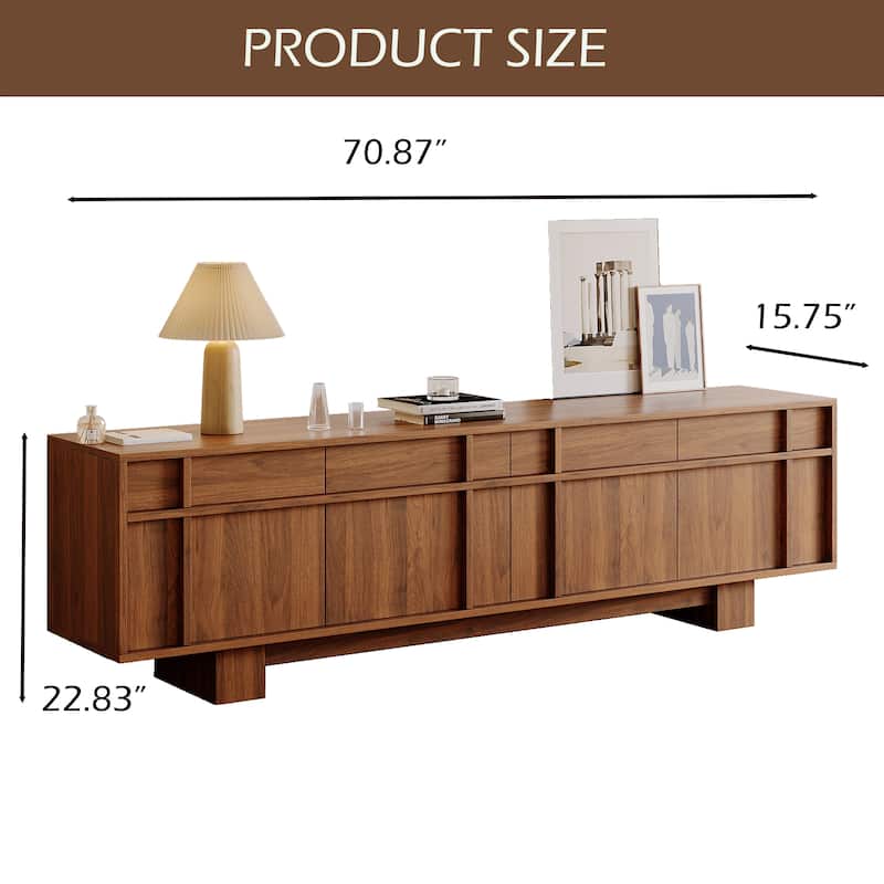 70.87" Mid Century TV Stands, Brown Wood Texture with ample Storages