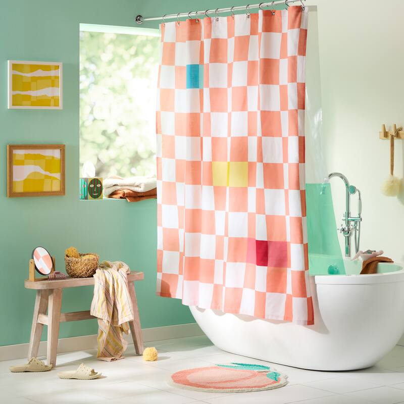 TOWN & COUNTRY PLAY Betty Bold Checkerboard Cotton-Rich Breathable Fabric Shower Curtain with Anti-Rust Grommets