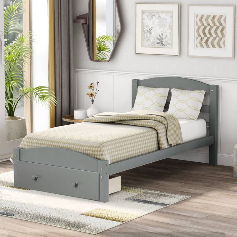 Oaks Aura Platform Twin Bed Frame with Storage Drawer and Wood Slat Support No Box Spring Needed, 4 Colors - Grey