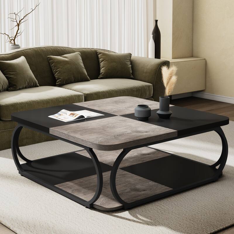 2-tier Square Coffee Table with Curved Metal Frame for Living Room - Grey+Black