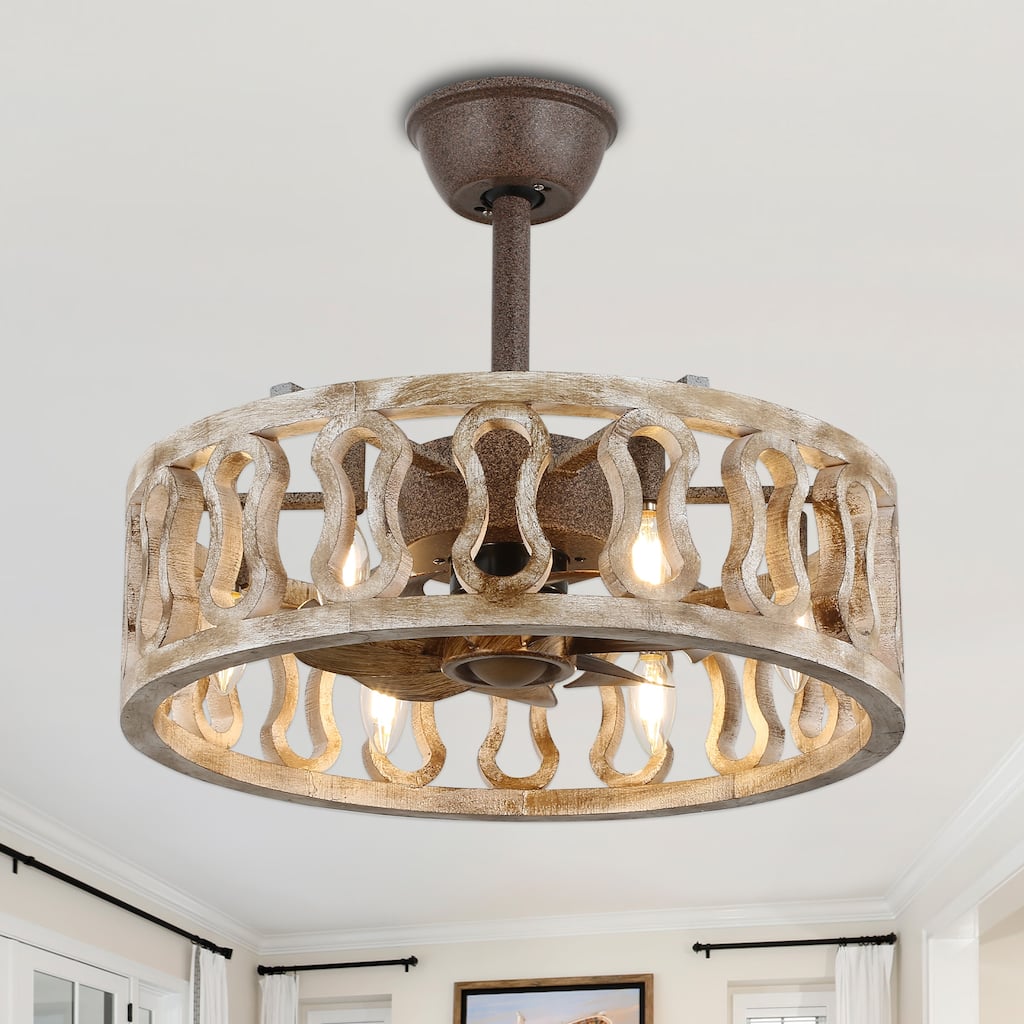 Cusp Barn 18-In Modern Caged Ceiling Fan with Remote, Farmhouse Antique Wood Fandelier, 6-Light Rustic Chandelier for Bedroom