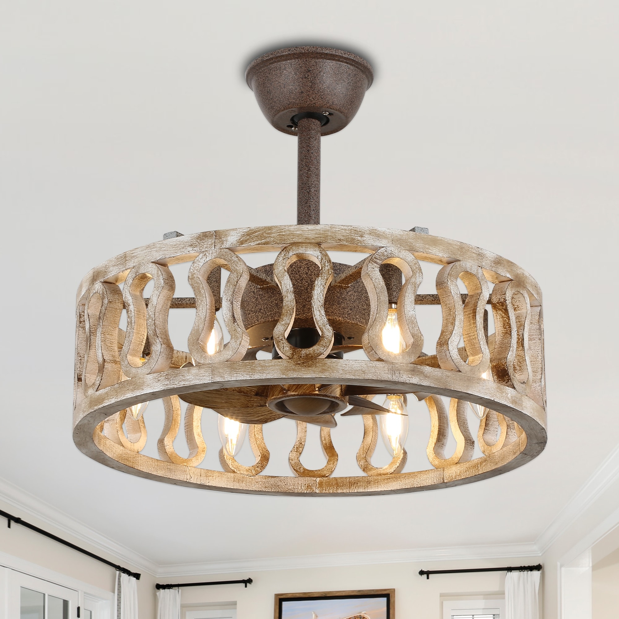 Cusp Barn 18-In Modern Caged Ceiling Fan with Remote, Farmhouse Antique Wood Fandelier, 6-Light Rustic Chandelier for Bedroom
