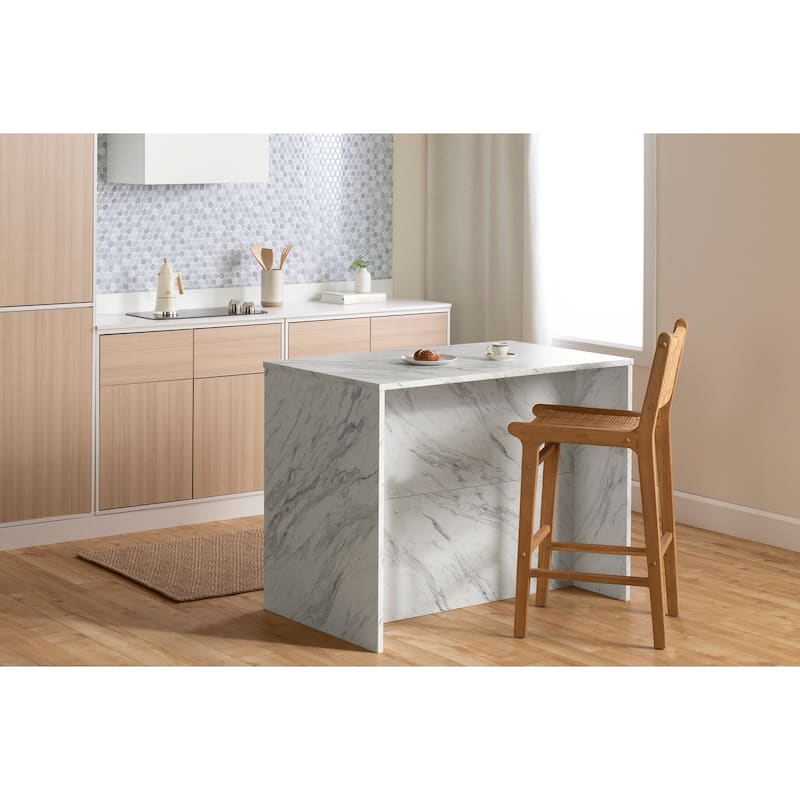 Compact Kitchen Island with White Faux Marble Top, 4 Drawers, Adjustable Shelves, and Seating Space for Two