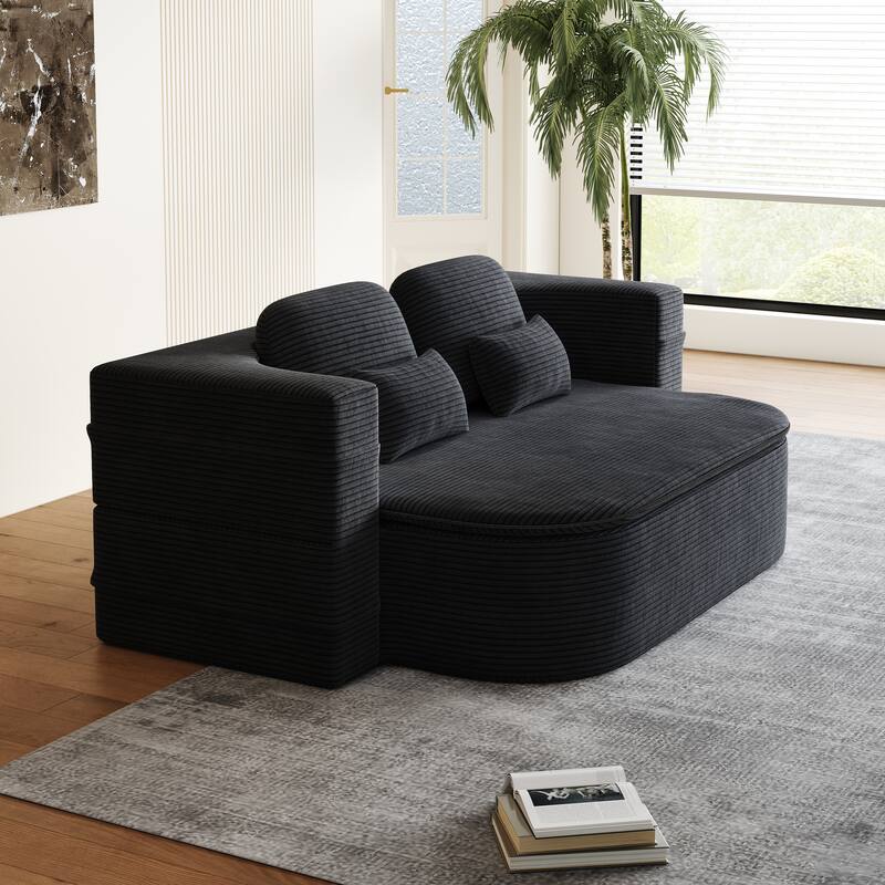 Roomfitters 75" Convertible Foldable Sofa Bed, Corduroy Sleeper Foam Lounge Sofa with Blanket for Living Room, Black