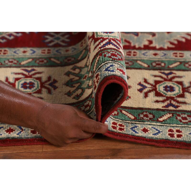 Red Geometric Kazak Oriental Area Rug Hand-Knotted Wool Carpet - 5'8" x 8'4"