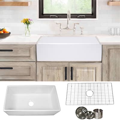 Highpoint Collection 33-inch White Single Bowl Fireclay Farmhouse Sink with Accessories - 33" x 18" x 10"