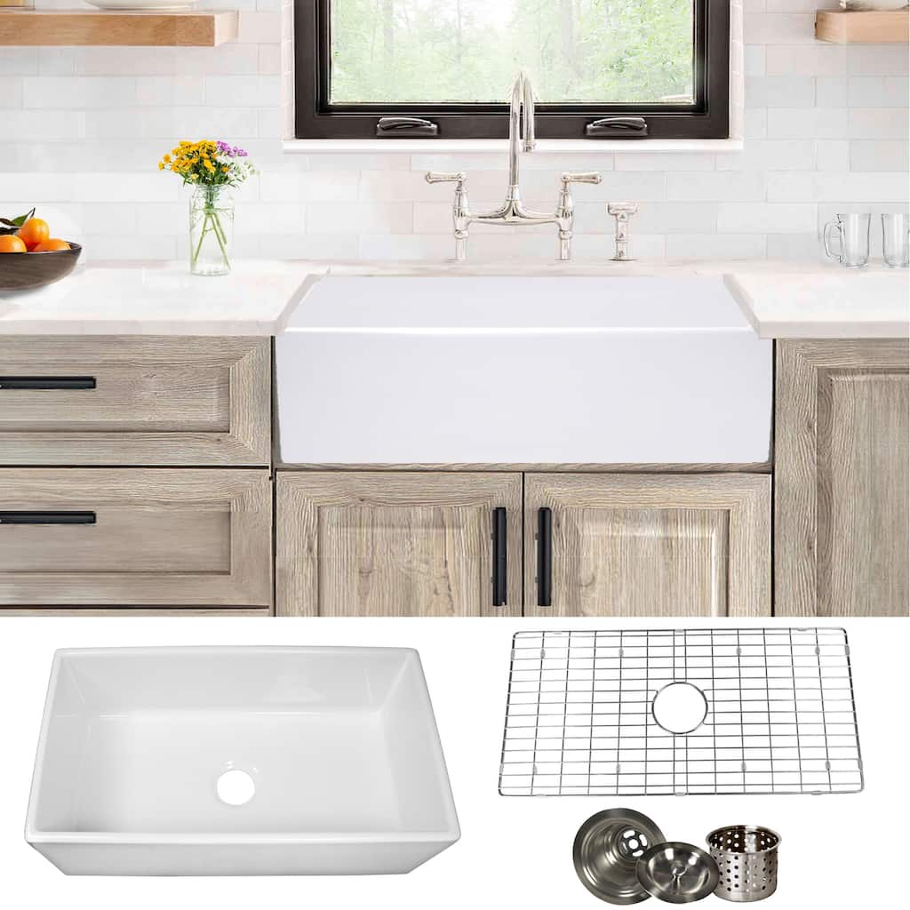 Highpoint Collection 33-inch White Single Bowl Fireclay Farmhouse Sink with Accessories - 33" x 18" x 10"