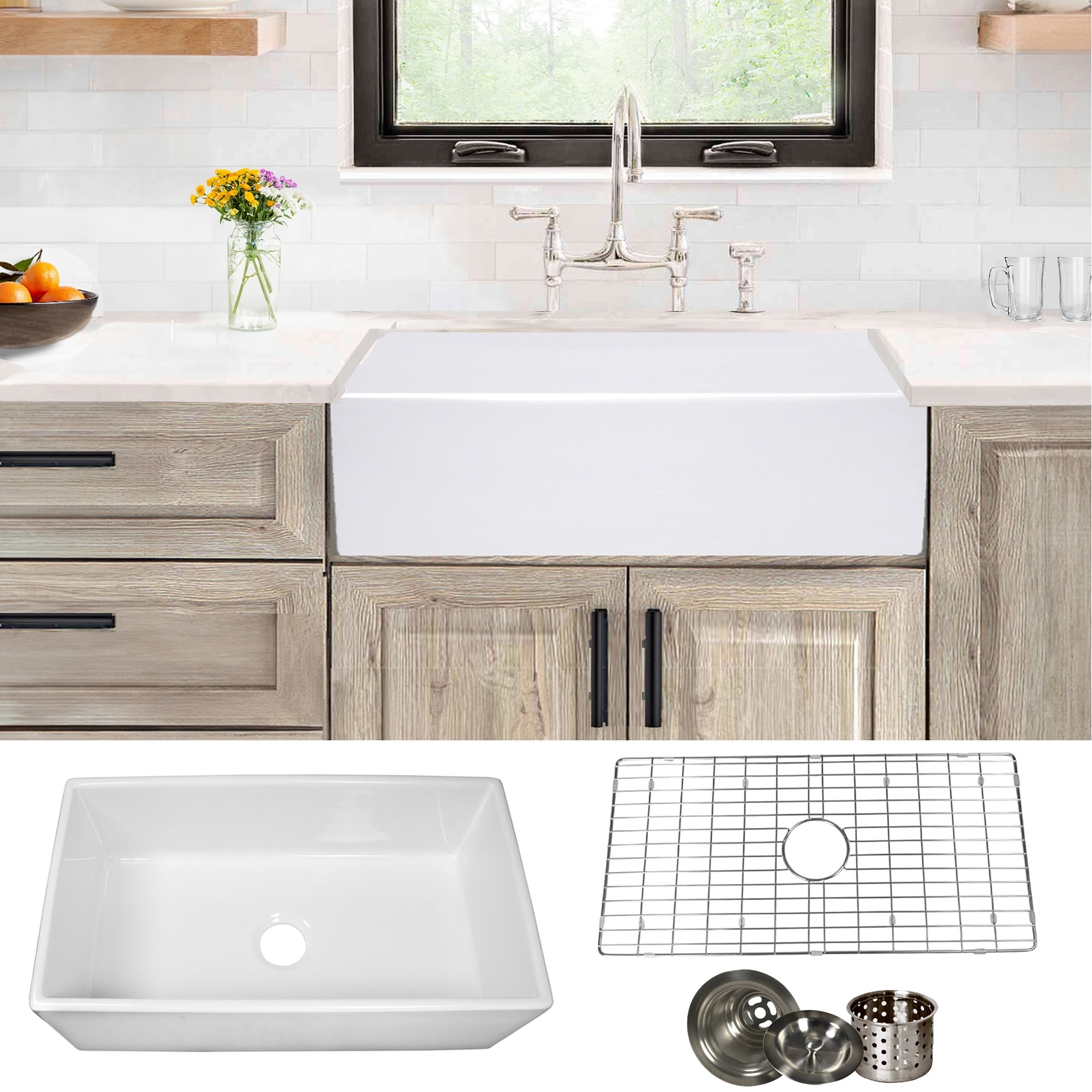 Highpoint Collection 33-inch White Single Bowl Fireclay Farmhouse Sink with Accessories - 33" x 18" x 10"