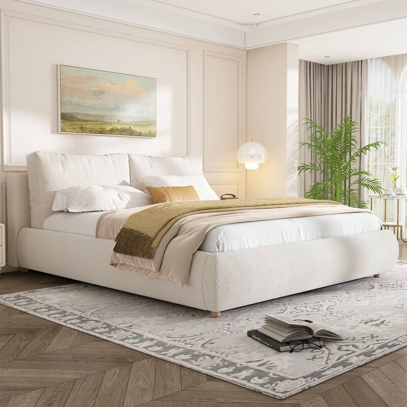 Boucle Fabric Upholstered Platform Bed with Two Removable Pillow Headboard