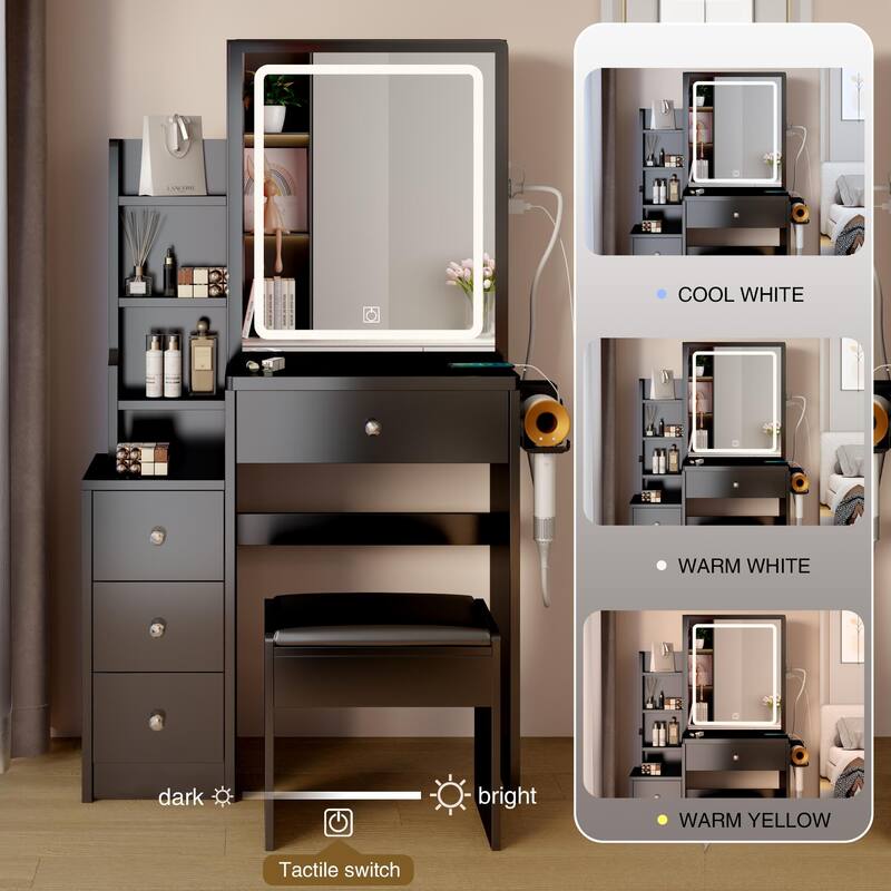 Left Cabinet Makeup Vanity with LED Mirror and USB Power Station and Cushioned Stool