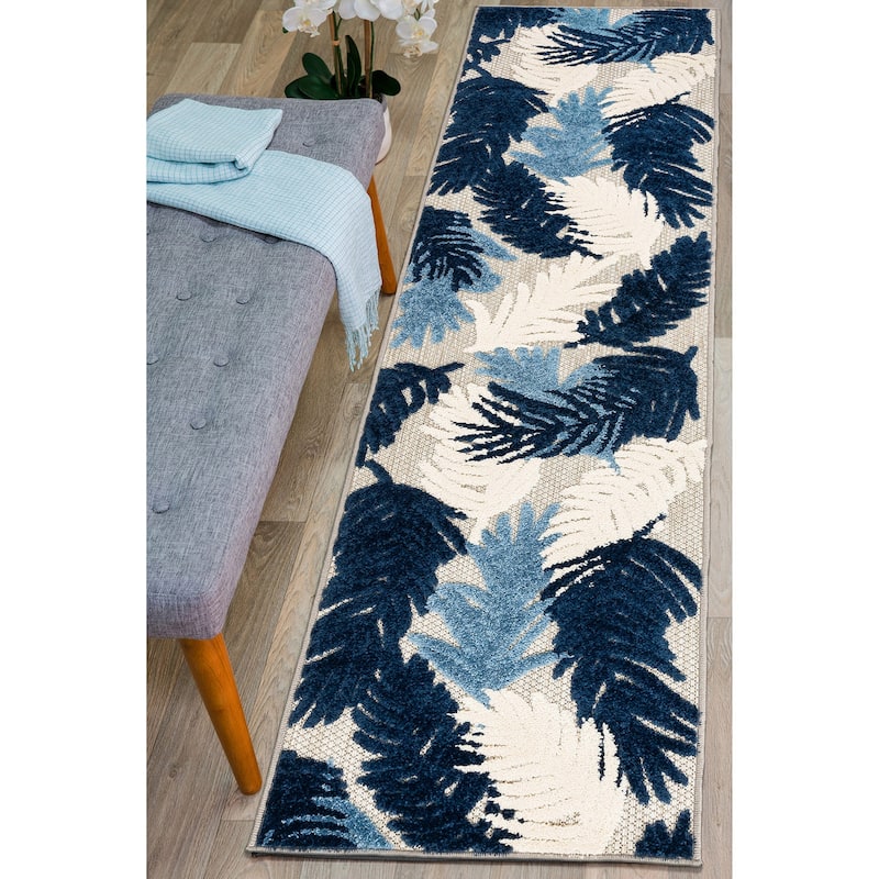 World Rug Gallery Tropical Floral Modern Indoor/Outdoor Area Rug - 2' x 7' Runner - Navy