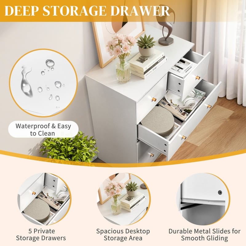 5-Drawer Dresser For Bedroom And Chest Of Drawers With Sturdy Construction Wood Storage Organizer For Closet