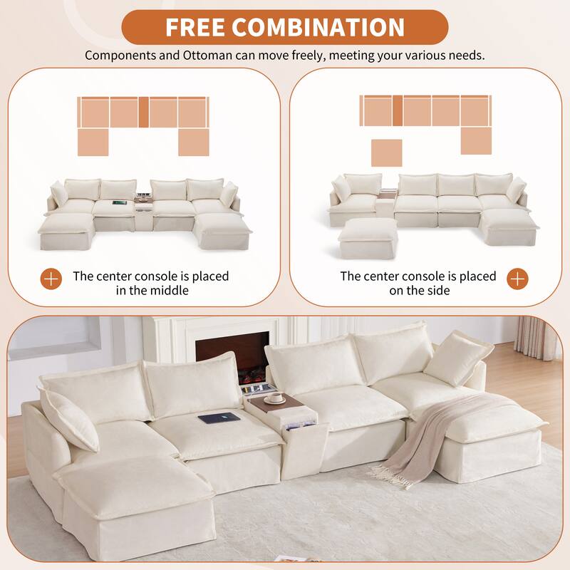 131" Chenille U-Shaped Modular Sectional Sofa with Console
