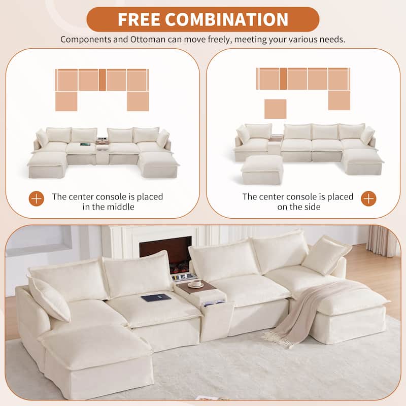 Sectional Sofa With Movable Ottoman And Console,Cup Holder,Wide Seat,U Shaped Couch,Chenille Sofa With Usb Charger