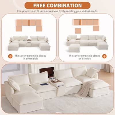 U-Shaped Wide Seat Sectional Sofa w/Console, 2 Ottoman, Cup Holder, USB
