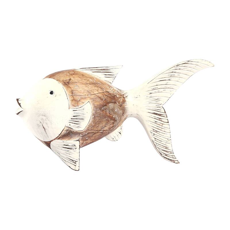 Sagebrook Home Albasia Wood 11-Inch Flounder Fish Figurine in Natural/White - Unique Coastal Charm, Handcrafted Elegance - 11" x 3" x 6" - Natural wood Brown
