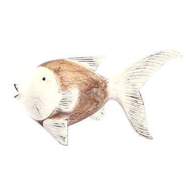 Sagebrook Home Albasia Wood 11-Inch Flounder Fish Figurine in Natural/White - Unique Coastal Charm, Handcrafted Elegance