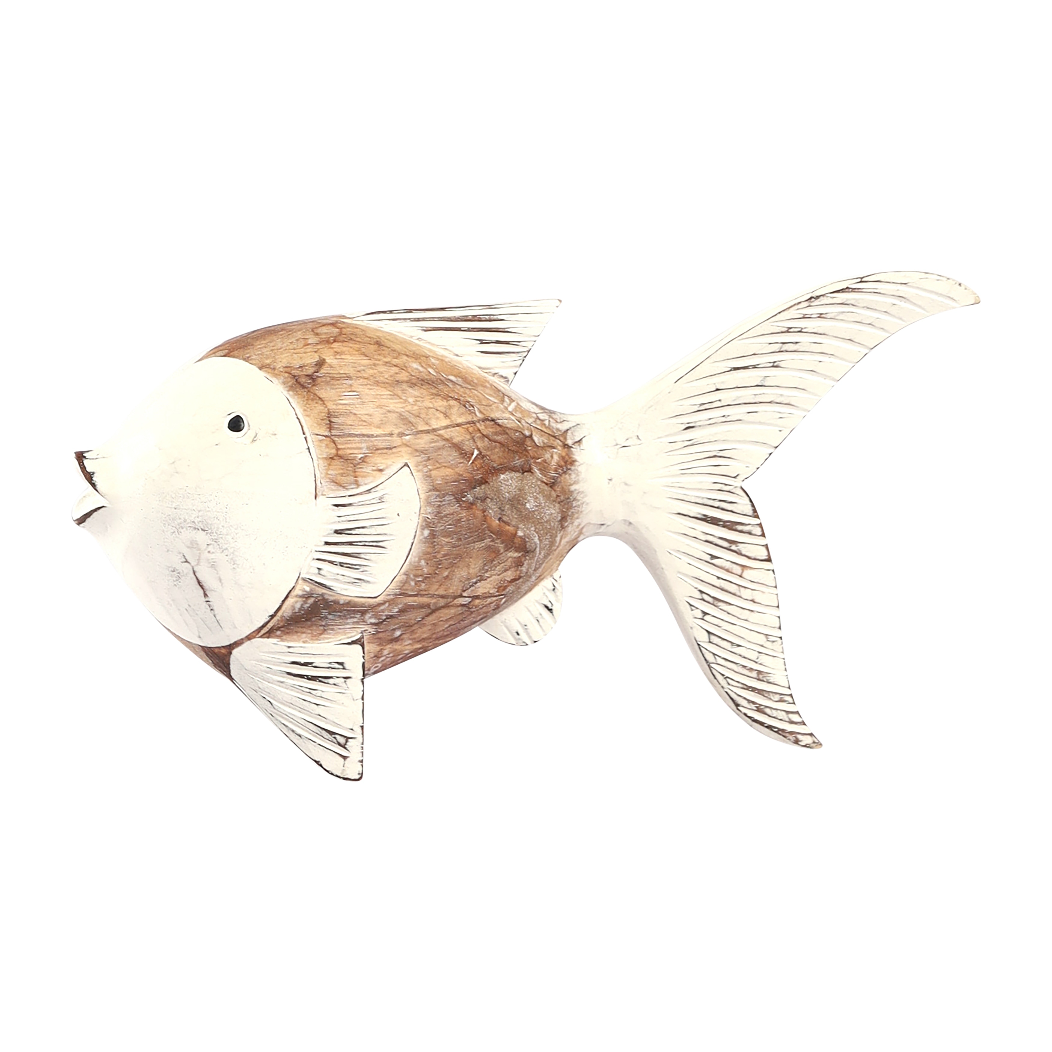 Sagebrook Home Albasia Wood 11-Inch Flounder Fish Figurine in Natural/White - Unique Coastal Charm, Handcrafted Elegance