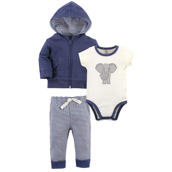 slide 1 of 1, Touched by Nature Baby and Toddler Unisex Organic Cotton Hoodie, Bodysuit or Tee Top, and Pant, Stripe Elephant 18-24 Months - Stripe Elephant