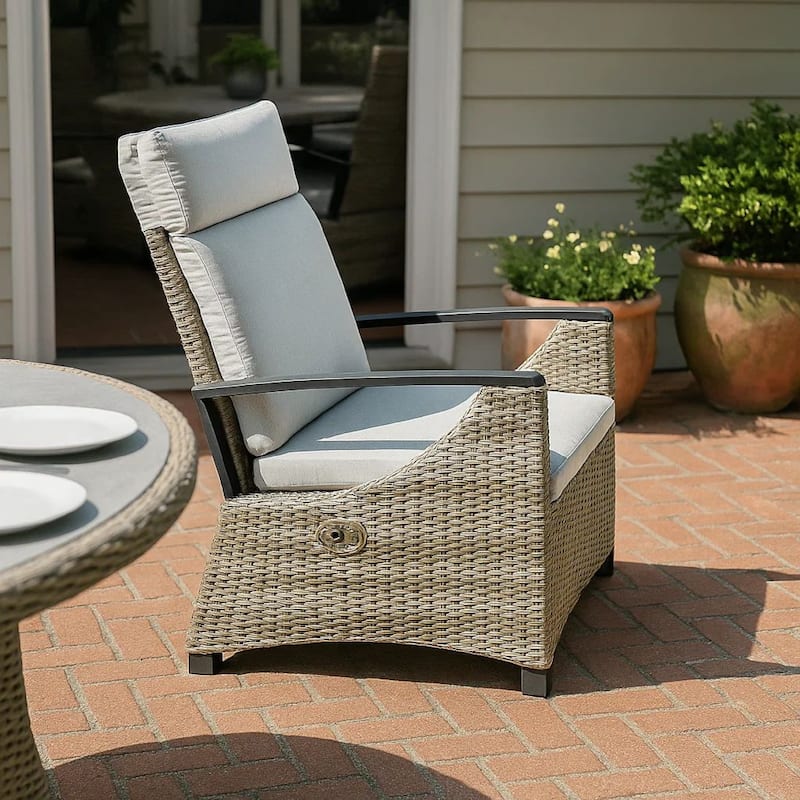 Foca 26 Inch Outdoor Dining Armchair, Faux Wicker, Gray, Tufted Backrest