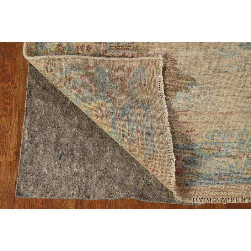 Beige Art Deco Turkish Runner Rug Handmade Wool Carpet - 4'10" x 14'1"