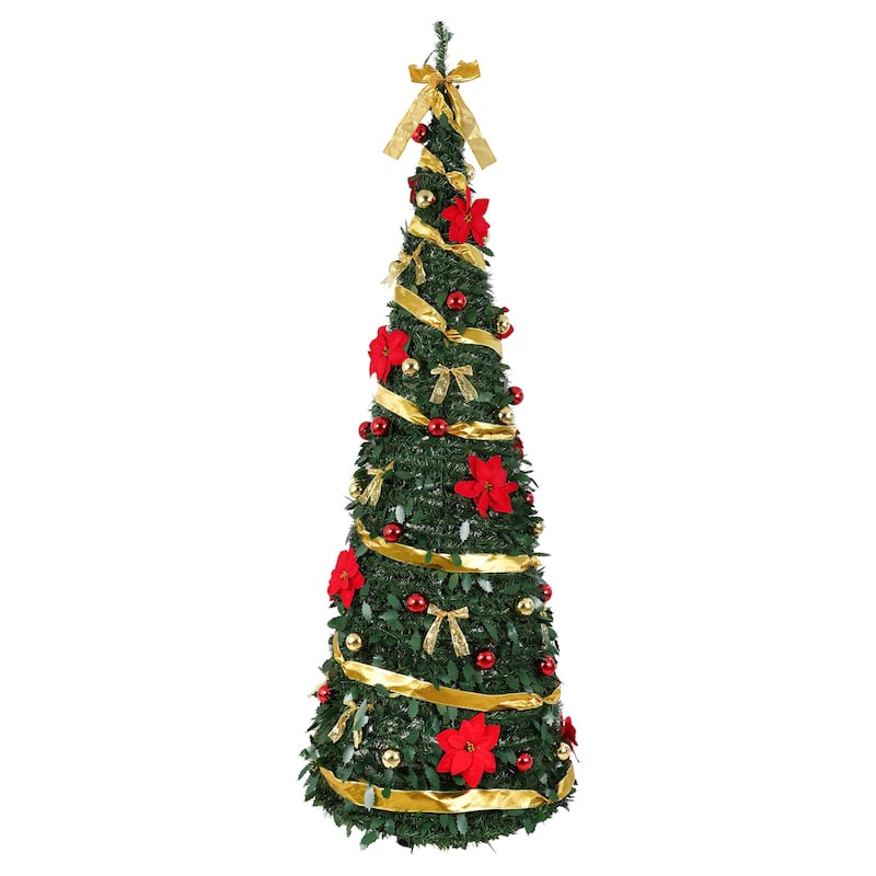 6FT & 7FT Pop Up Artificial Christmas Tree with Red and Gold Ornaments Warm Lights - N/A