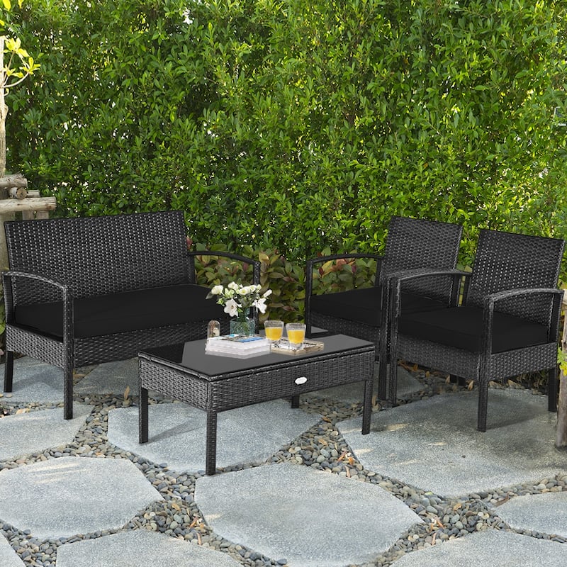 4-Piece PE Rattan Patio Furniture Set with Loveseat and 2 Chairs and Glass Table for Outdoor Use