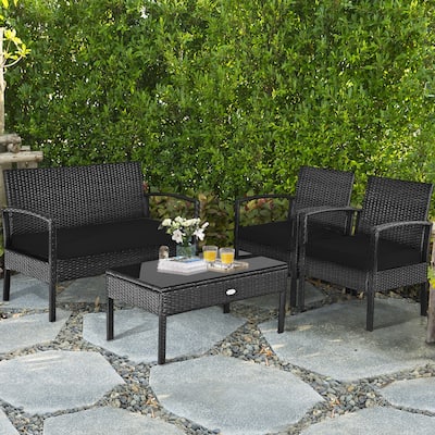 4-Piece PE Rattan Patio Furniture Set with Loveseat and 2 Chairs and Glass Table for Outdoor Use