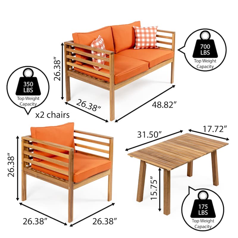 Everly 4-Piece Mid-Century Modern Acacia Wood Outdoor Patio Set with Cushions and Plaid Decorative Pillows, by JONATHAN Y