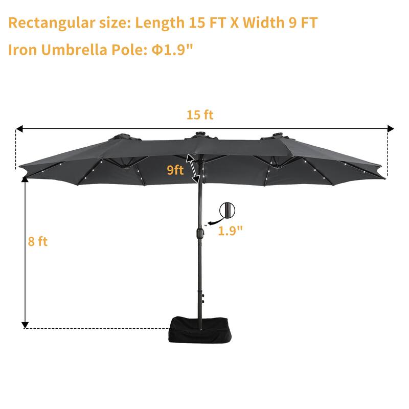 Clihome 15FT Double-Sided Solar Light Market Crank Umbrella with Base