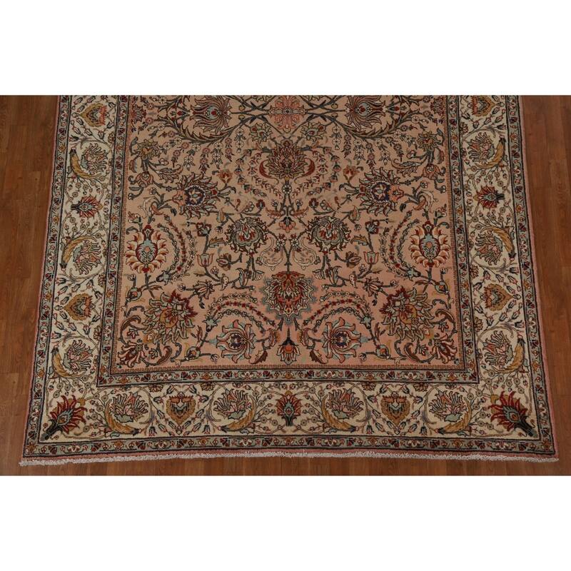 Hand Knotted Oriental 100% Wool Carpet Traditional All-Over Peach Tabriz Area Rug - 11' 2'' X 7' 7''
