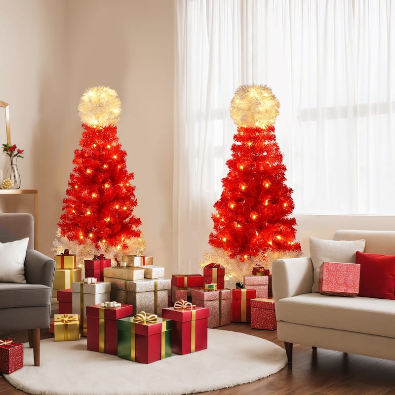 4ft Santa Hat Style Christmas Tree Set of 2 with Warm White Lights for Holiday Decor