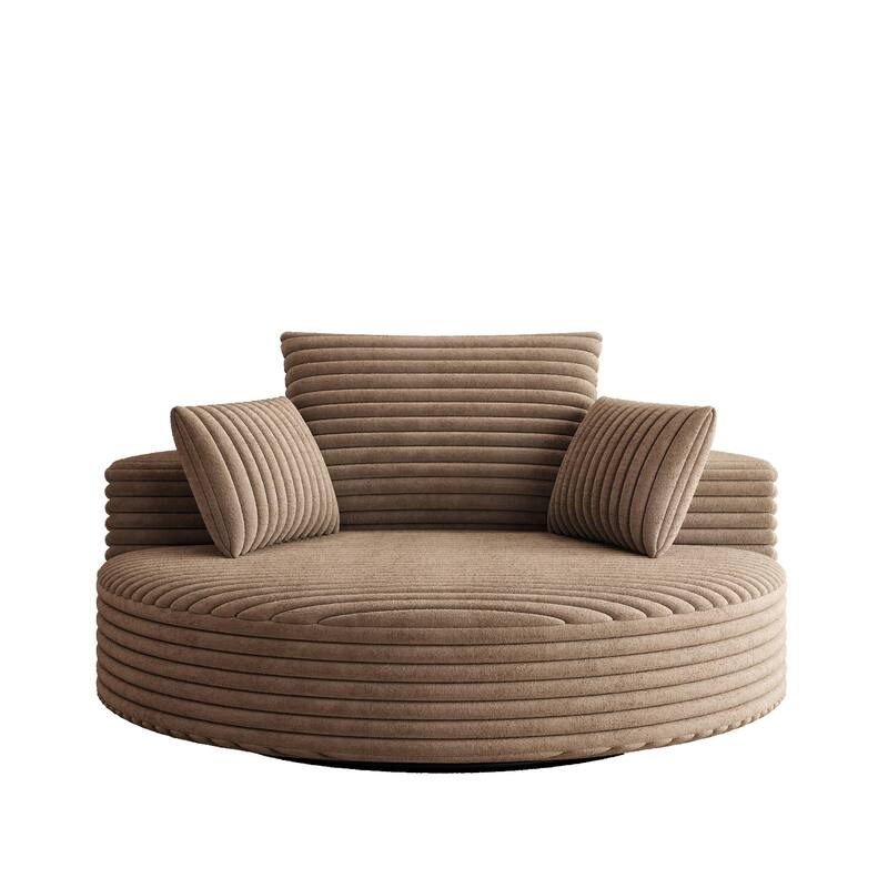 Oversized Swivel Accent Chair, Corduroy Round Lounge Sofa Chair, Upholstered Reading Armchair with Back Cushion & 2 Pillows