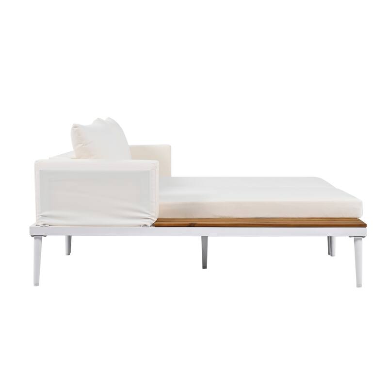 Outdoor Patio Daybed with Acacia Wood Topped Side Spaces, 2-in-1 Design, Adjustable Leg Supports, and Washable Cushions