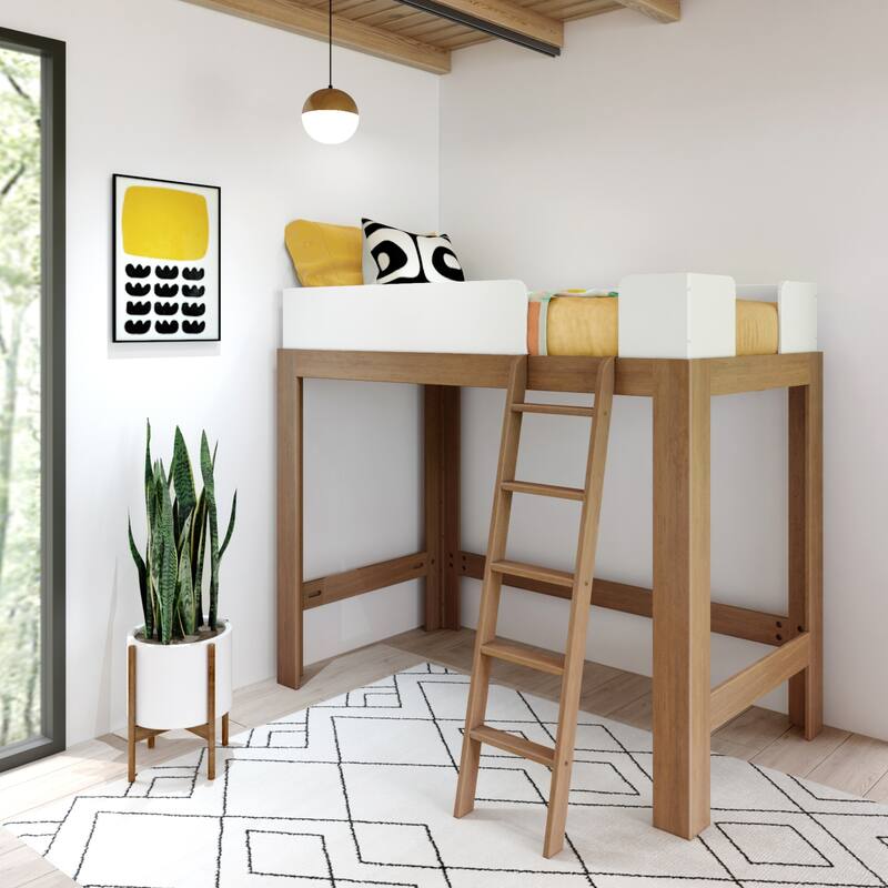 Mid-Century Modern Twin-Size High Loft Bed - White/Pecan