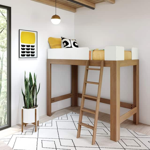 Mid-Century Modern Twin-Size High Loft Bed - Pecan/White