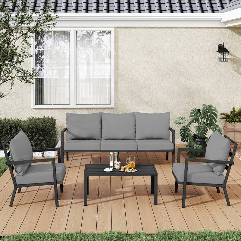 MornLift 4-Piece Aluminum Outdoor Patio Conversation Set with Beige Cushions, Sofa and Coffee Table