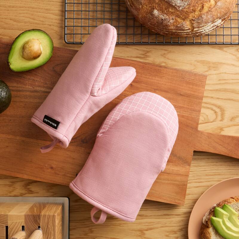 KITCHENAID Gourmet Series Gridlines Mini Oven Mitts 2-Pack Set, Heat Resistant up to 600°F, Soft Silicone Grip, Magnetic Cuff