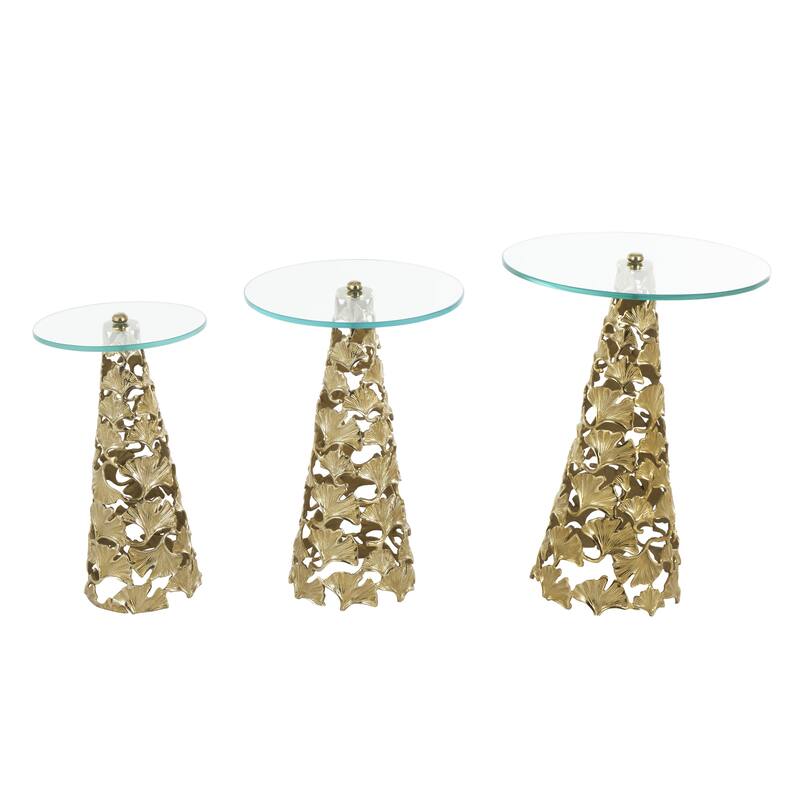 Aluminum Metal Floral Cutout Cone Shaped Accent Table with Tempered Glass Tabletop - Set of 3 Silver or Gold - Roche River Decor